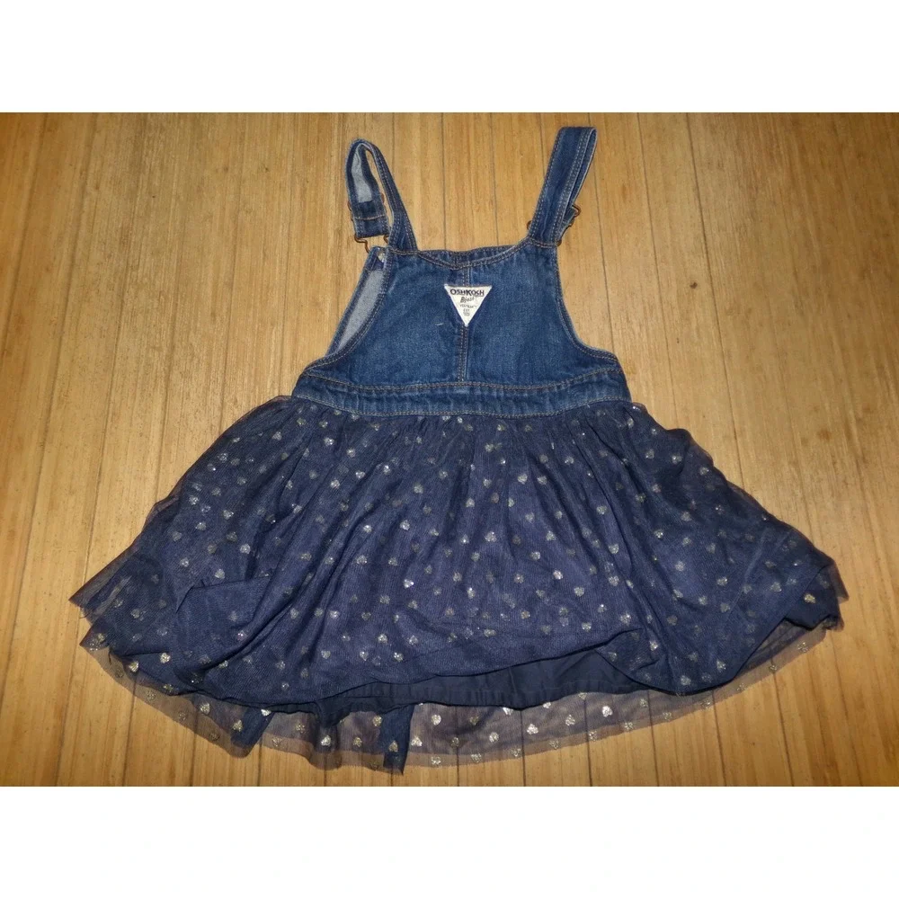 OshKosh Bgosh Girls 5T Denim Tulle Heart Jumper Dress Blue Silver Sparkle